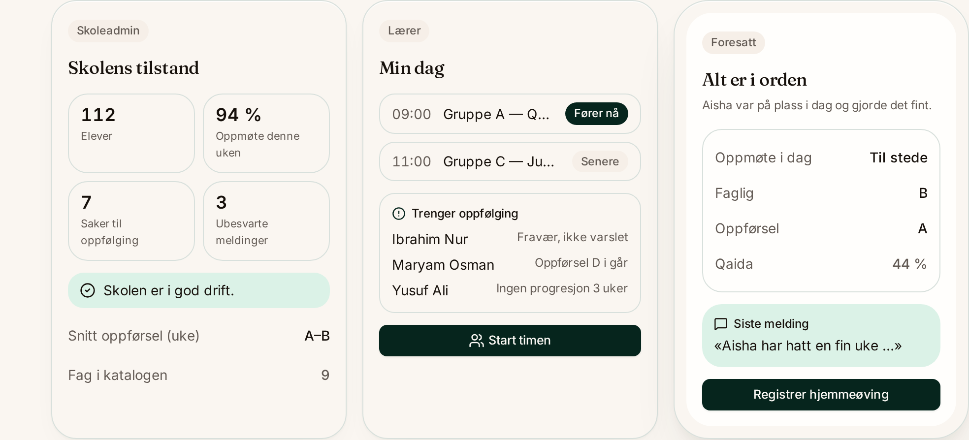 Læreflyt-dashbord med oppmøte, oppfølging og progresjon